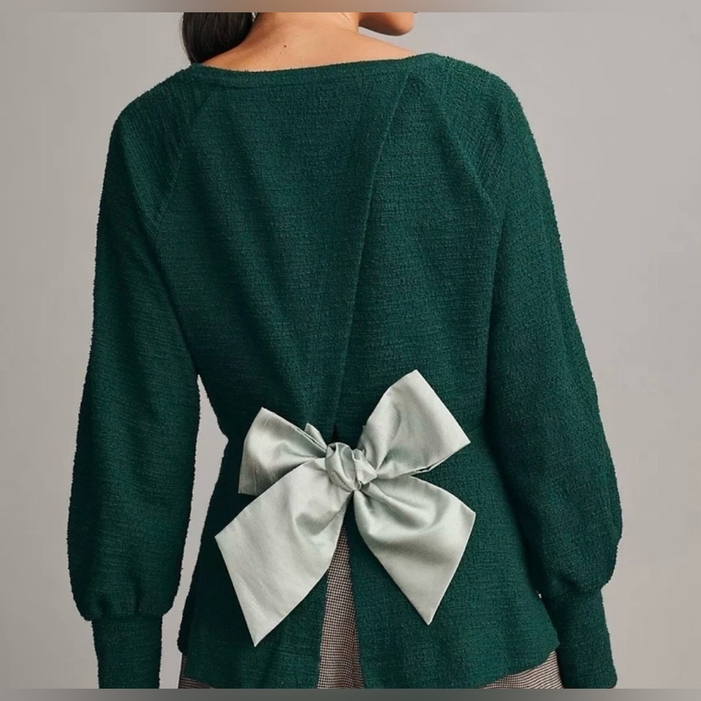 Anthropologie Forest Green Sweater with Bow Accent Back Closure - Size S